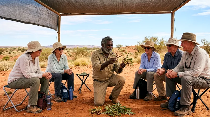 Aboriginal guide demonstrating bush food to group of seated older visitors.