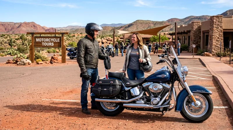 Motorcyclist and passenger in conversation beside parked Harley-Davidson near resort buildings.