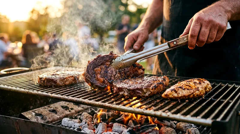 Cook flipping steaks and chicken on a hot barbecue grill in the desert.