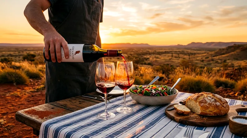 Server pouring red wine into glasses at an outdoor sunset dinner table.