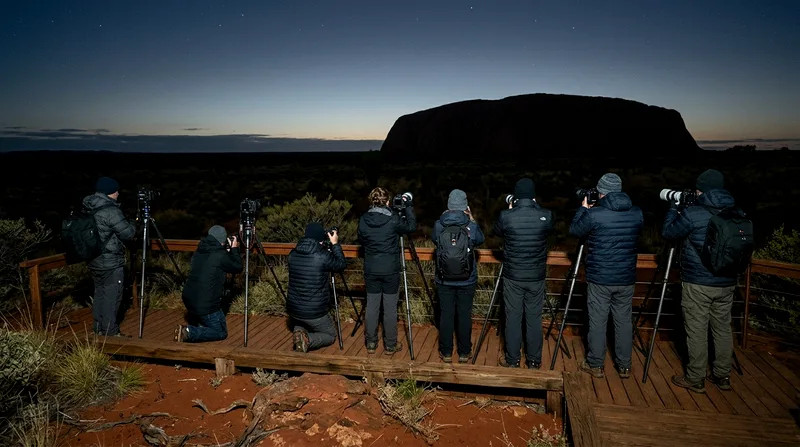 Group of photographers with tripod-mounted cameras at sunrise viewing location.