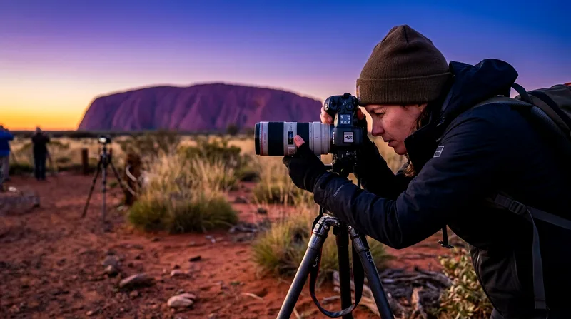 Photographer looking through camera viewfinder as Uluru begins showing sunrise colors.