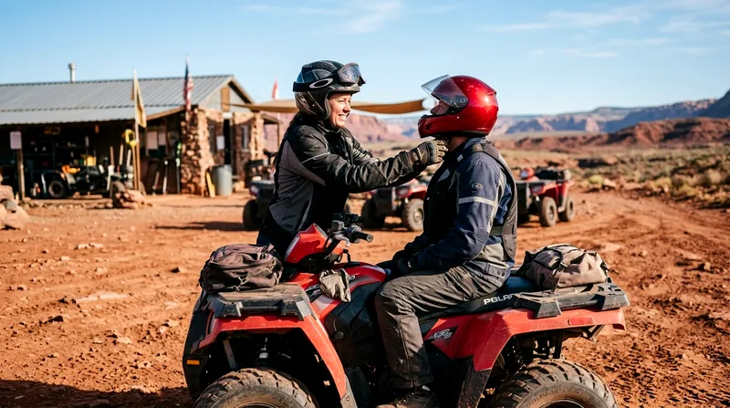 Quad bike rider helping passenger adjust helmet before departure.