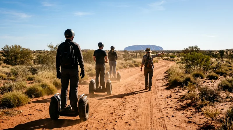Three Segway riders following a guide on a desert trail near Uluru.