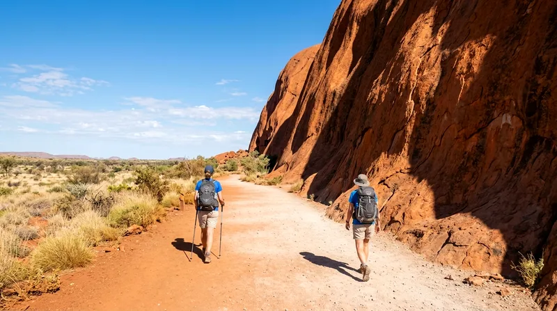 One person walking the flat sealed base trail with Uluru rock wall beside them.