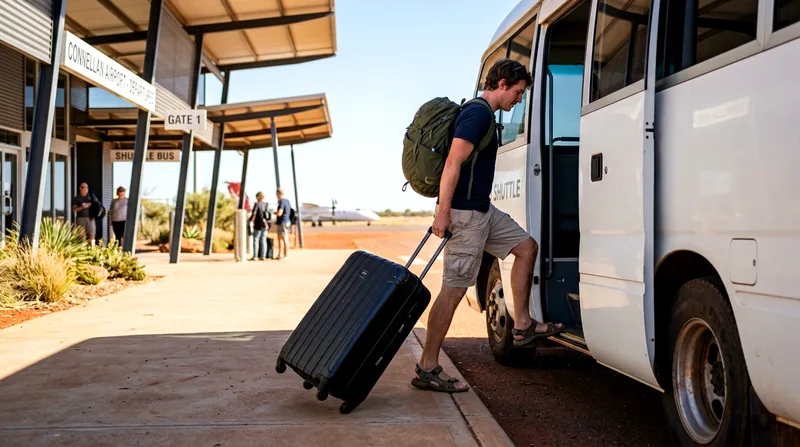 Passenger boarding a shuttle bus with luggage at Connellan Airport.
