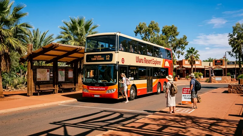 Red hop-on resort bus stopped at town square with waiting passengers.