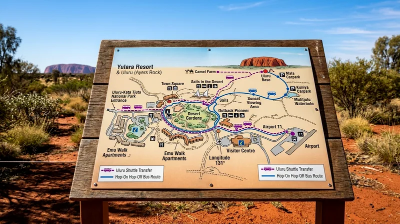 Yulara Resort map showing Uluru shuttle transfer stops and hop-on bus route