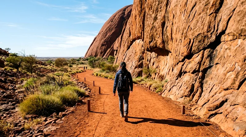 Solo walker on base trail with Uluru's cliff face rising beside path.