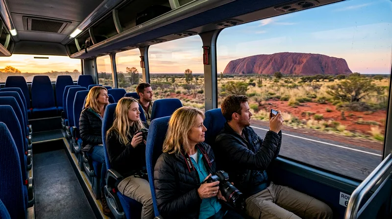 Tour group passengers seated in coach viewing Uluru through windows.