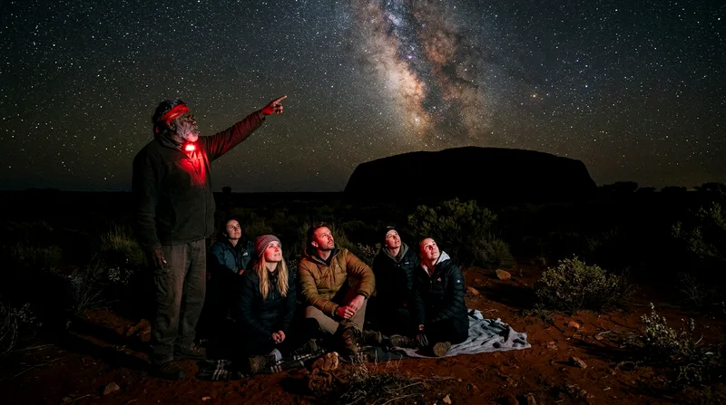 Aboriginal guide pointing to constellations for seated group under starry night sky.
