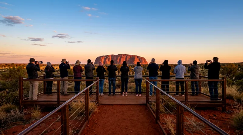 Group of tour visitors at sunrise viewing platform watching Uluru turn gold.