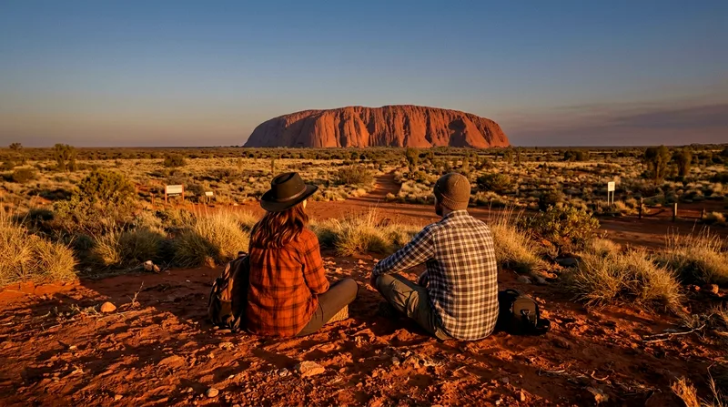 Two visitors seated on red earth with Uluru visible across open plains.