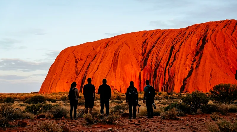Small group watching Uluru glow deep red-orange at sunset with pale sky behind.