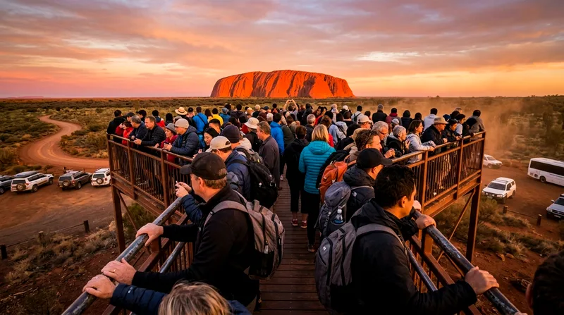 Crowded sunset viewing platform with approximately 50 visitors facing Uluru.