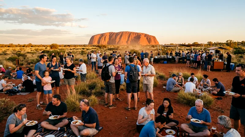 Approximately 100 visitors dining at outdoor buffet setup with Uluru on horizon.