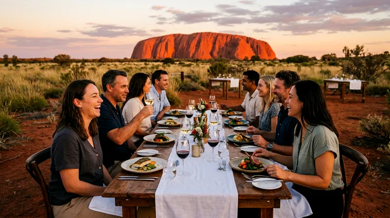 Eight diners seated at single table with Uluru glowing on the horizon behind.