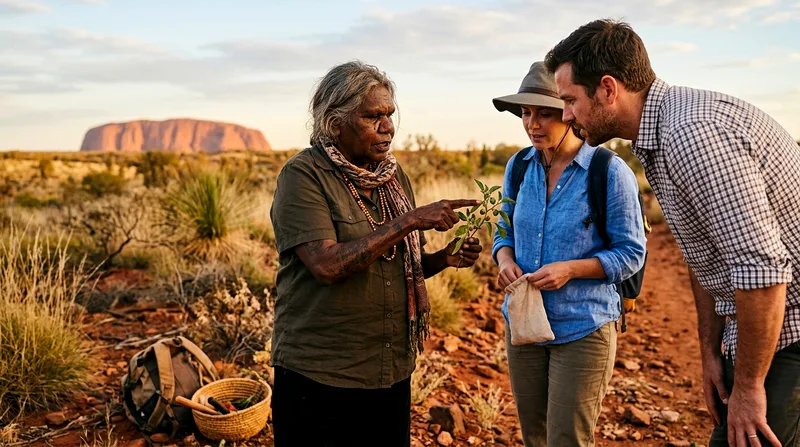 Guide showing native food ingredient to two visitors during outdoor dinner.