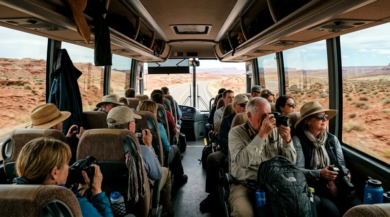 Coach interior full of passengers looking out windows at the desert landscape.