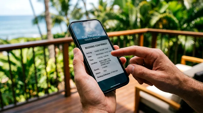 Mobile phone screen showing a tour booking confirmation with date and time details.