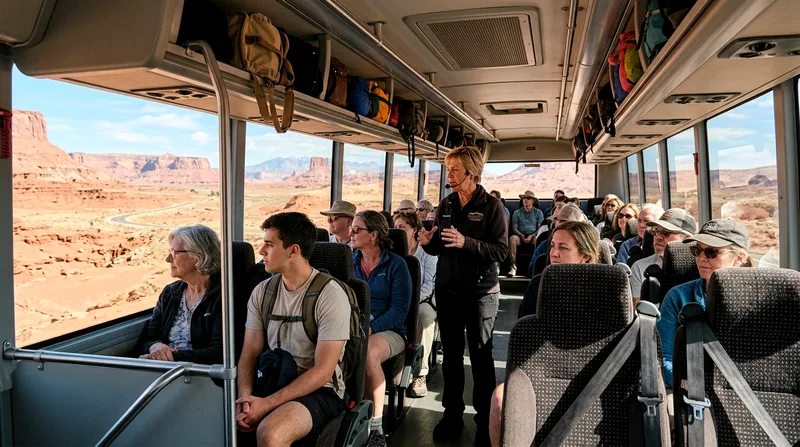 Tour coach passengers sitting in seats looking out at the desert landscape.
