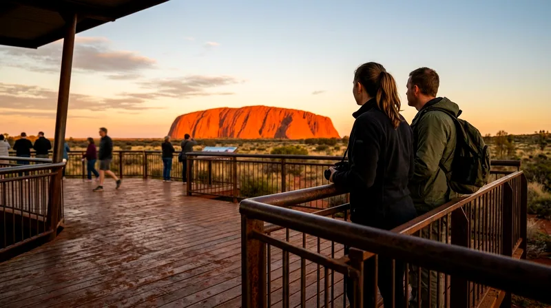 Two people at an elevated viewing platform watching sunset light on Uluru.