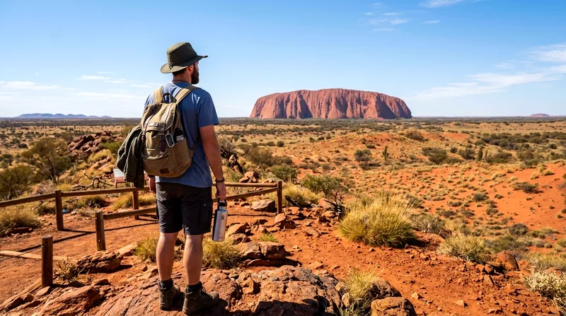 Solo budget traveler with backpack and water bottle at an Uluru viewpoint.
