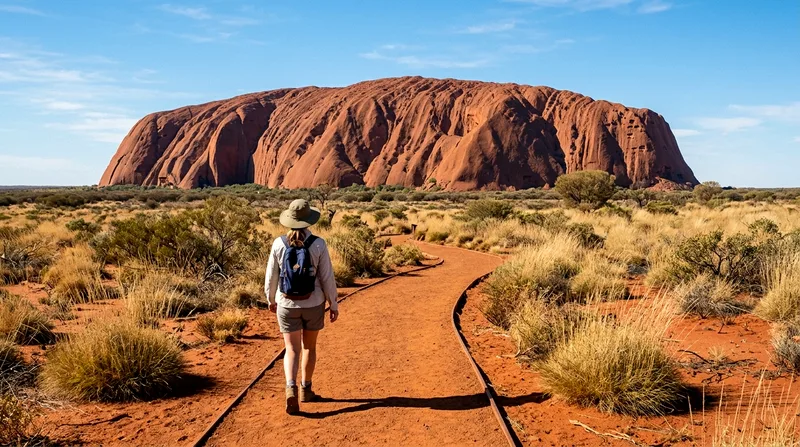 Solo hiker on sealed trail with Uluru visible in the distance.