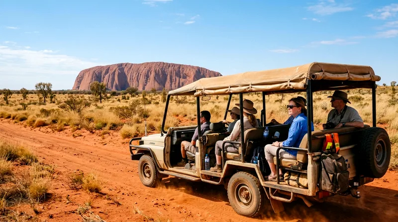 Group of tourists in open-sided 4WD approaching Uluru across red desert.