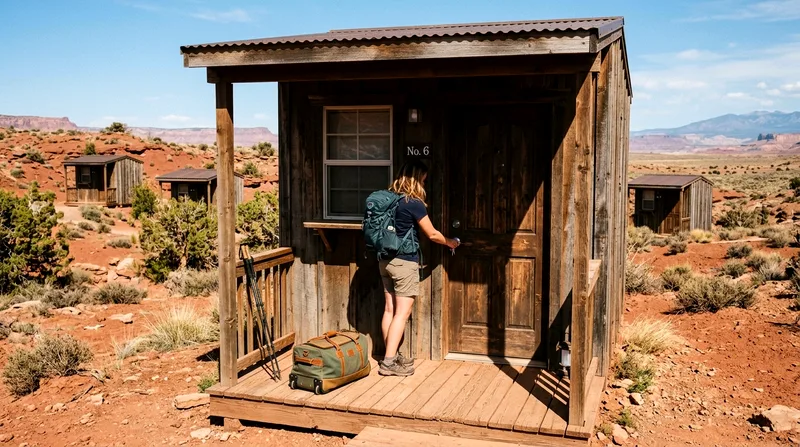 Visitor entering a budget cabin accommodation unit at Yulara.