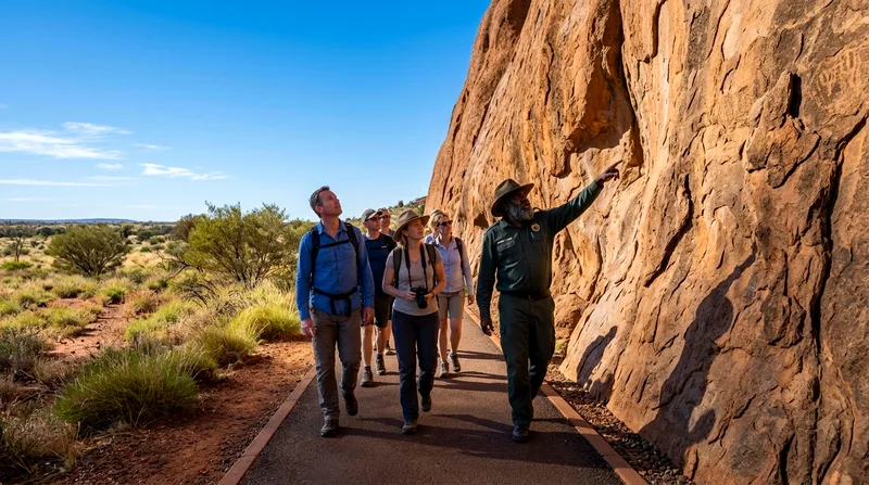Aboriginal guide leading small group along base walk while pointing out landscape features.